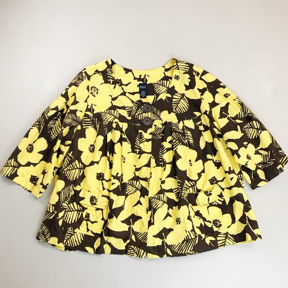 BASIC EDITIONS Floral Swing Jacket 3X Linen Blend Scoop Neck Yellow Cocoa Brown